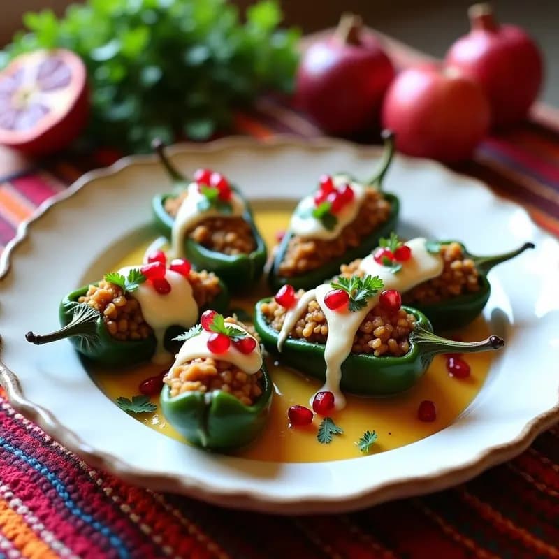 Plato festivo con chiles en nogada veganos rellenos de picadillo de lentejas y champiñones, bañados en salsa de nogada cremosa de anacardos, decorados con granos de granada y almendras fileteadas sobre hojas de lechuga morada, representando los colores de la bandera mexicana.