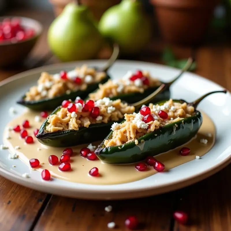Plato de cerámica blanca con un chile en nogada tradicional, relleno de picadillo de carnes y frutas, bañado en salsa de nueces cremosa y decorado con granos de granada rojos. Fondo con elementos festivos mexicanos como banderas y hojas de perejil.