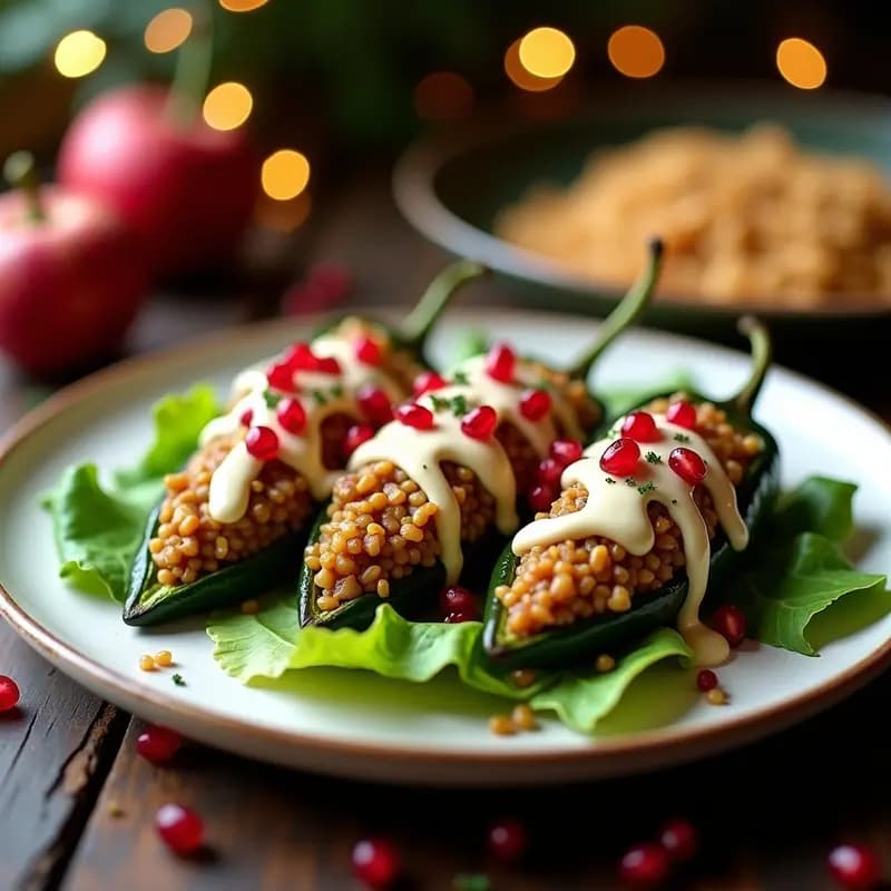 Plato elegante con chiles en nogada veganos servidos sobre hojas de lechuga, bañados en salsa cremosa de nogada y decorados con granos de granada rojos. Receta mexicana de temporada en Airfryer, sin lácteos y alta en proteína vegetal.