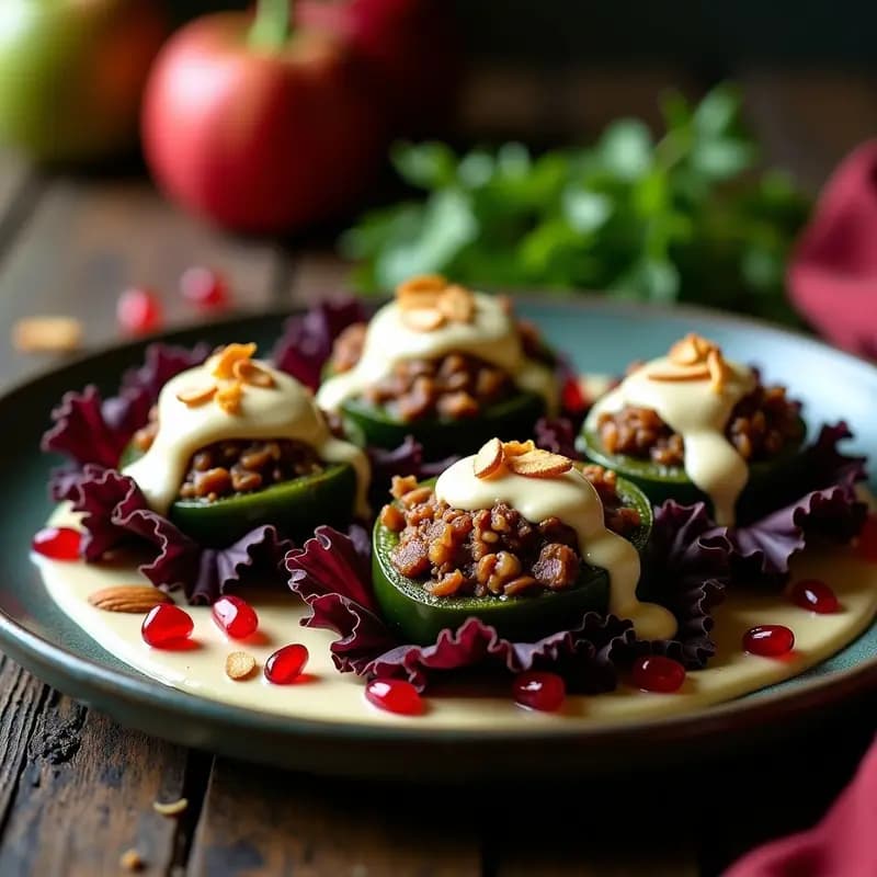 Plato de Chiles en Nogada veganos con carne de hongos, bañados en salsa de nuez cremosa y decorados con semillas de granada roja, sobre fondo rústico con hojas de lechuga morada y verde.