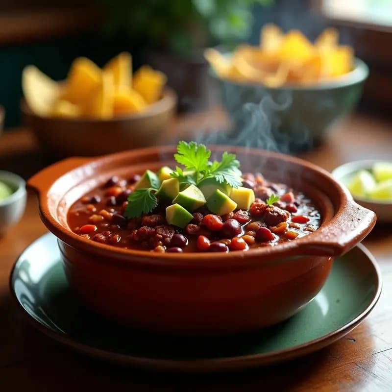 Olla de barro humeante con chili con carne de res y frijoles rojos, decorado con cilantro fresco y aguacate en cubos, servido en un plato hondo rústico sobre fondo de madera oscura.
