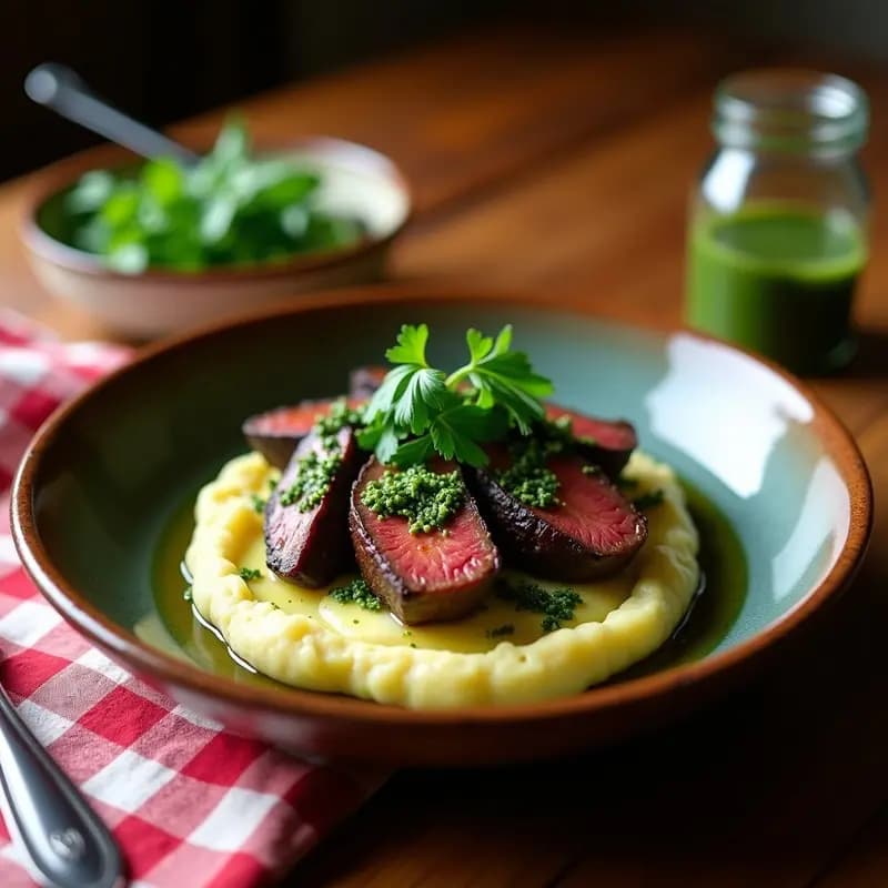 Plato hondo de barro con rodajas de falda de res jugosa bañadas en chimichurri verde, acompañadas de puré de papas cremoso y decorado con hierbas frescas. Receta argentina para asados tradicional.