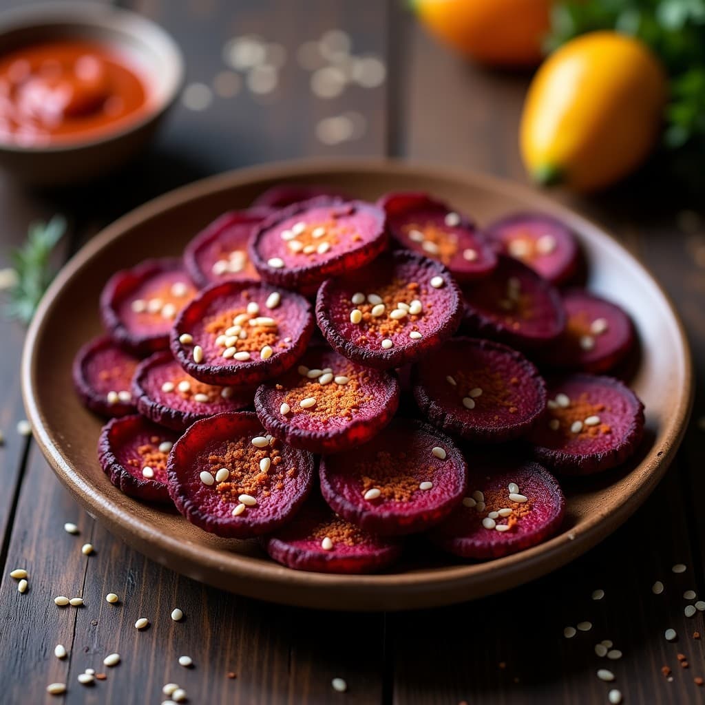 Chips de apacheta y remolacha crujientes en airfryer, aperitivo peruano de color morado intenso con especias y semillas de sésamo, servidas en un plato rústico de madera.