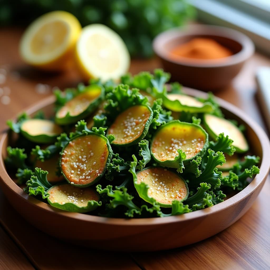 Chips de kale doradas y crujientes con especias zaatar y limón, dispuestas en un plato de madera rústico con rodajas de limón fresco y semillas de sésamo espolvoreadas, aperitivo crudivegano preparado en airfryer.