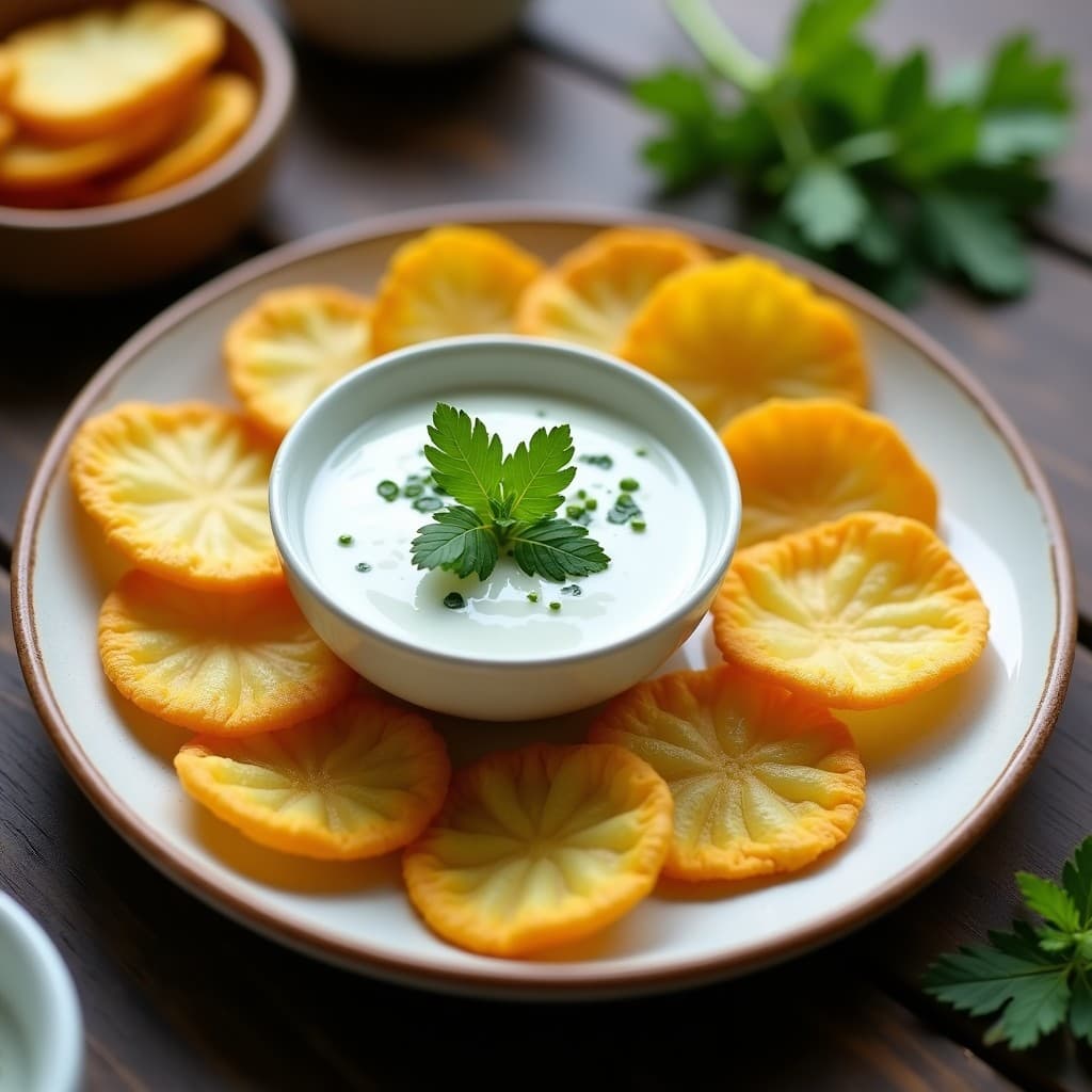 Plato blanco con chips de plátano verde doradas y crujientes, acompañadas de un bol pequeño con salsa de yogur cremosa y hierbas frescas picadas, sobre fondo rústico de madera. Receta de chips de plátano verde con salsa de yogur y hierbas, aperitivo colombiano crujiente.