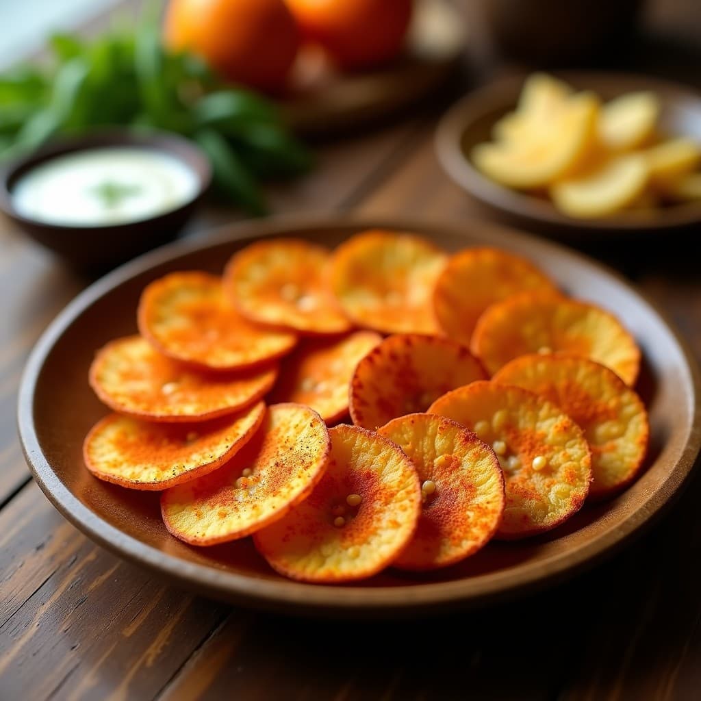 Chips de yuca doradas y crujientes espolvoreadas con pimentón de la Vera y ajo en polvo, servidas en un plato de madera rústico con fondo oscuro. Aperitivo colombiano hecho en airfryer.