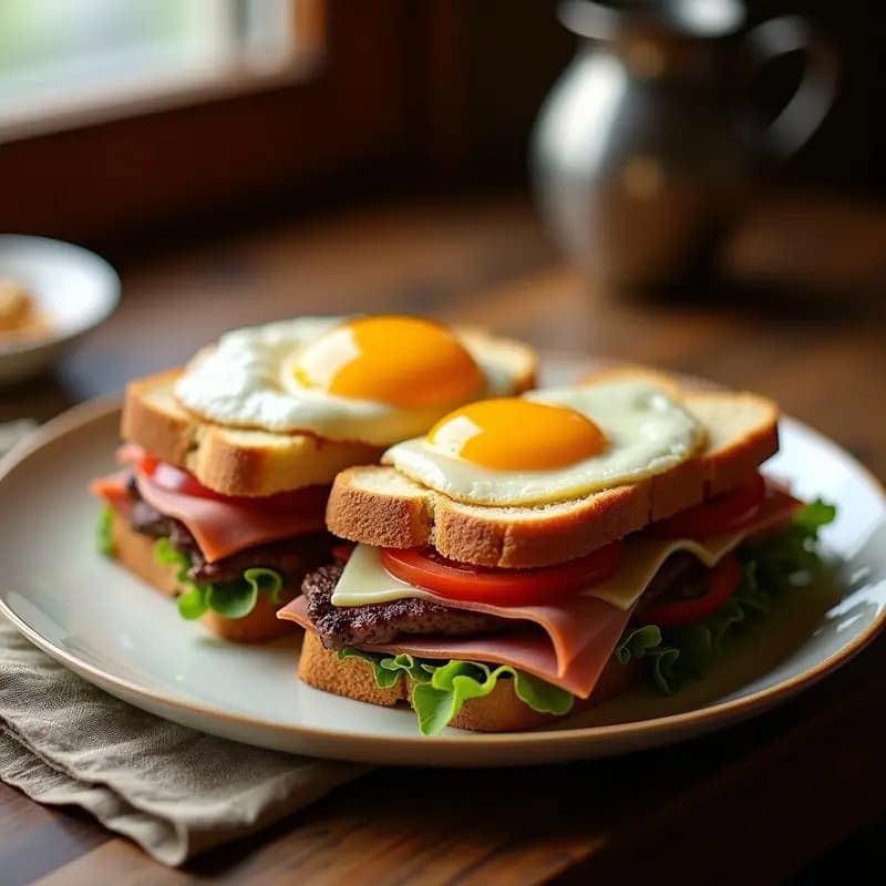 Chivito uruguayo tradicional abierto por la mitad, mostrando capas de pan esponjoso, lomo de ternera jugoso, jamón cocido, huevo frito con yema líquida, queso mozzarella derretido, tomate y lechuga, sobre un fondo rústico de madera.