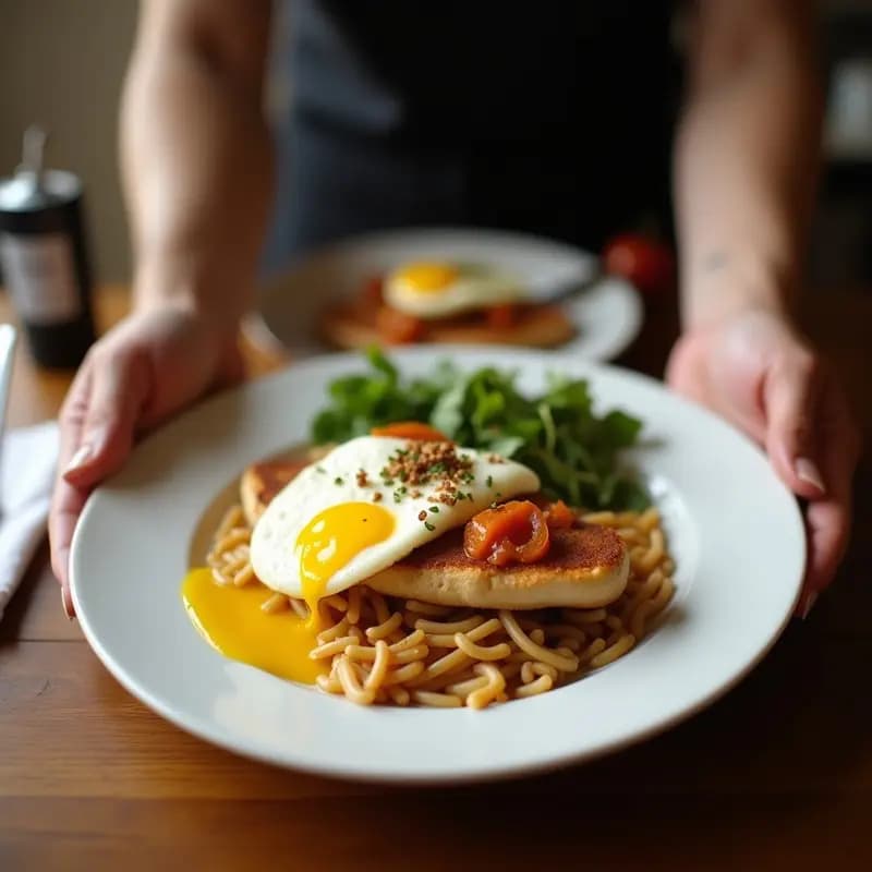 Chivito uruguayo con queso provolone fundido y huevo frito, montado en pan tostado dorado con lechuga, tomate y cebolla morada, servido en tabla de madera con fondo desenfocado.