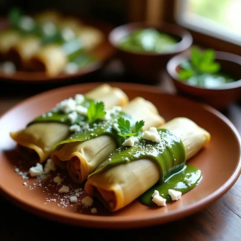 Plato de chochoyotes desenvueltos, bañados en salsa verde espesa y espolvoreados con queso fresco blanco, sobre hojas de plátano verdes. Receta mexicana tradicional dulce-salada.