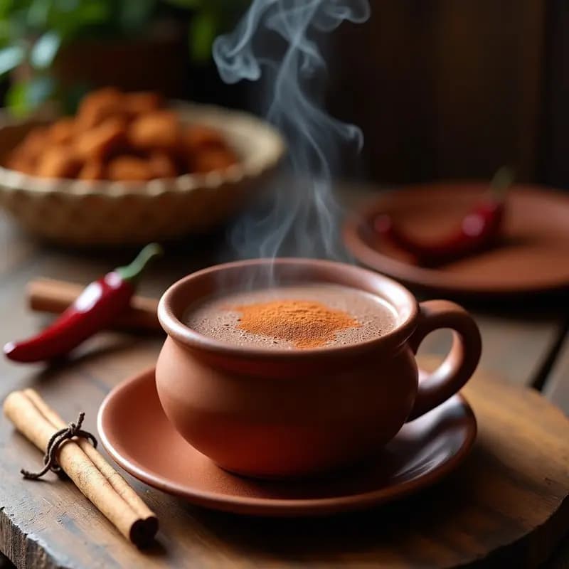 Tazón de barro humeante con chocolate caliente espeso de color oscuro, espolvoreado con canela en polvo, junto a una rama de canela y un chile ancho sobre una mesa de madera rústica. Bebida mexicana tradicional reconfortante.