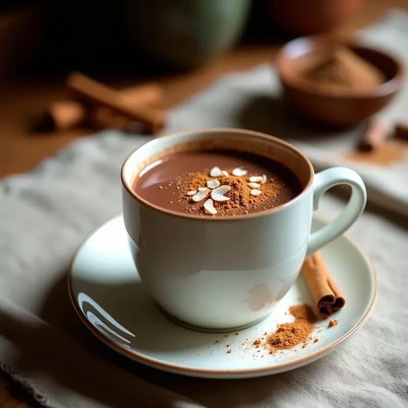 Taza de porcelana blanca con chocolate caliente espumoso de maca y canela, decorado con una pizca de canela en polvo y virutas de coco tostado, sobre un mantel rústico de lino con una ramita de canela al lado. Bebida peruana energética sin azúcar.