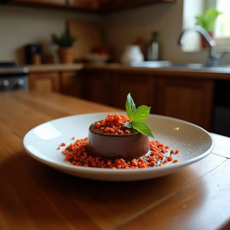 Taza de cerámica rústica con chocolate caliente mexicano espumoso, espolvoreado con canela y chile en polvo, sobre una mesa de madera con semillas de cacao y una rama de canela al fondo.