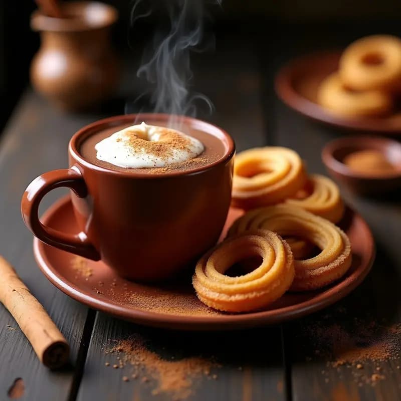 Taza humeante de chocolate caliente mexicano espeso con churros de canela dorados y crujientes sumergidos, espolvoreados con azúcar y especias, sobre una mesa rústica de madera.