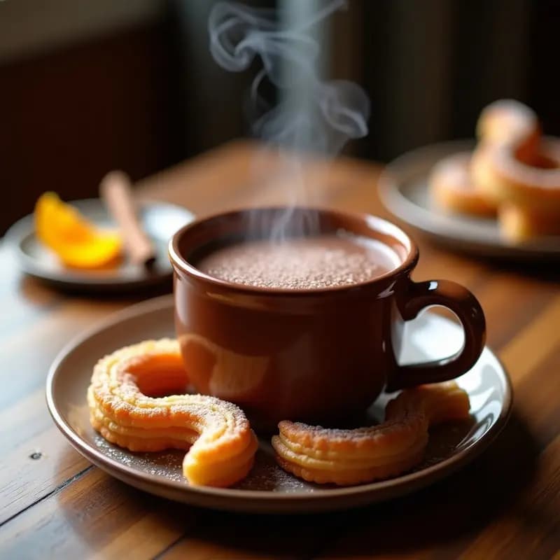 Taza humeante de chocolate a la taza espeso con churros dorados y crujientes, desayuno energético tradicional español para días fríos.