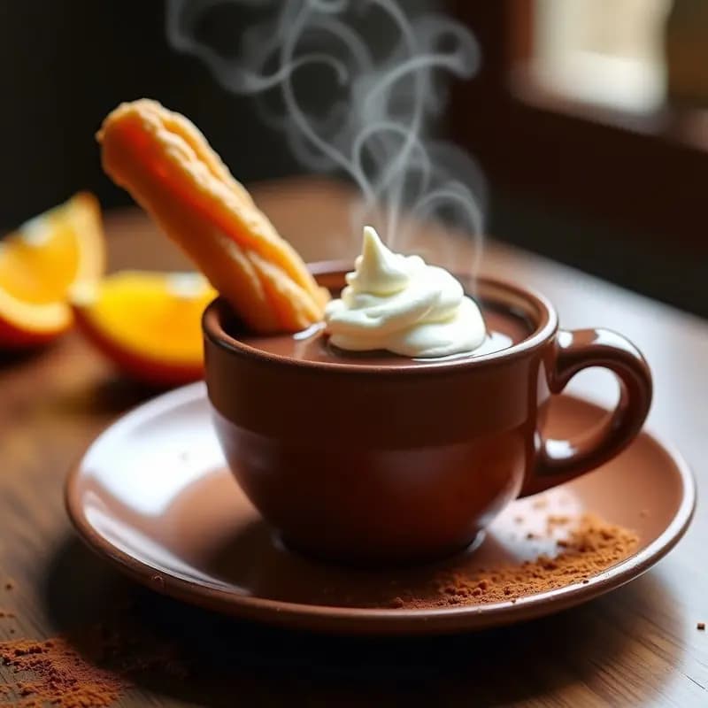 Taza humeante de chocolate espeso con churros dorados y crujientes sumergidos parcialmente, coronados por un copete de nata montada blanca. Plato rústico de fondo con detalles de canela en polvo y cáscara de naranja, receta de chocolate a la taza con churros y nata.