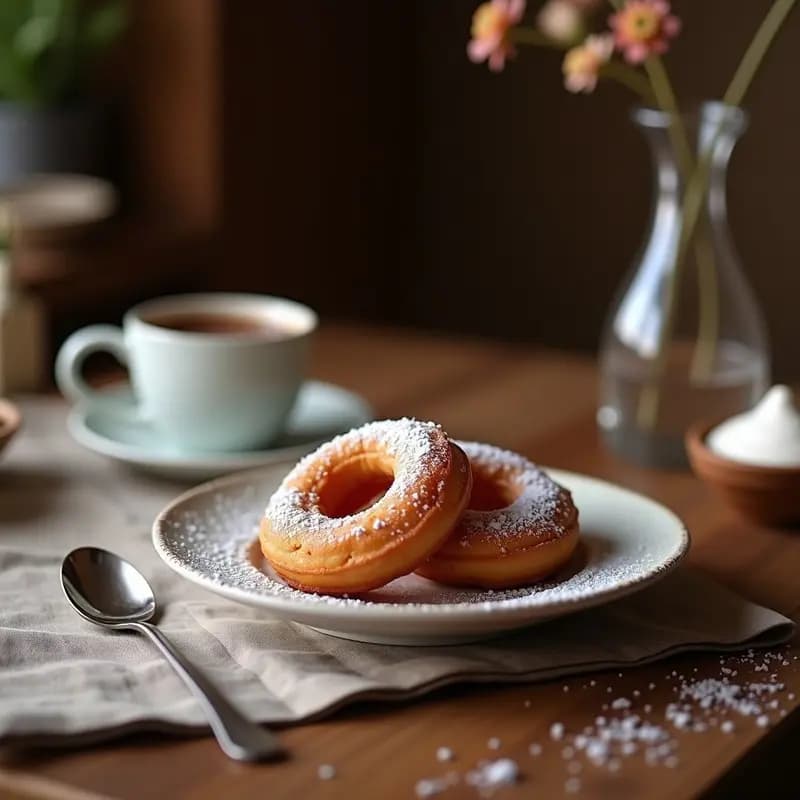 Taza de porcelana blanca humeante con chocolate a la taza al estilo español, espeso y brillante, servido con churros dorados crujientes y un trozo de bizcocho borracho en un plato rústico de barro. Fondo con canela en rama y corteza de limón.