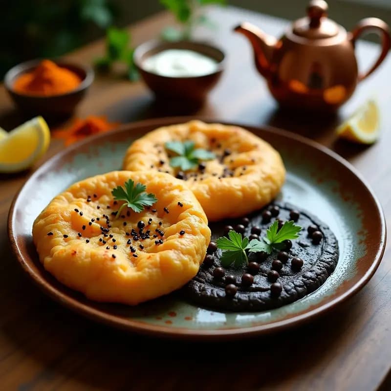 Plato de desayuno indio con bhature dorados y esponjosos servidos sobre puré cremoso de garbanzos negros, decorados con semillas de sésamo negro, cilantro fresco y rodajas de limón. Receta Ch holes Bhature con garbanzos negros en airfryer.