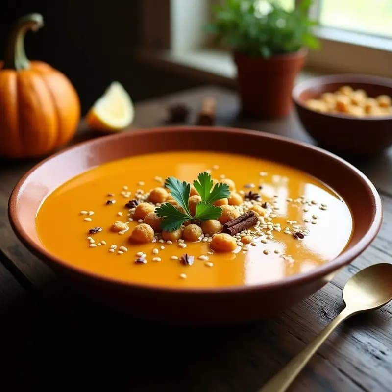 Cuenco hondo de barro con Chorba de Calabaza y Jengibre vegana, decorada con garbanzos tostados dorados, semillas de sésamo, cilantro fresco y un hilo de aceite de oliva. Fondo rústico con especias y pan argelino.