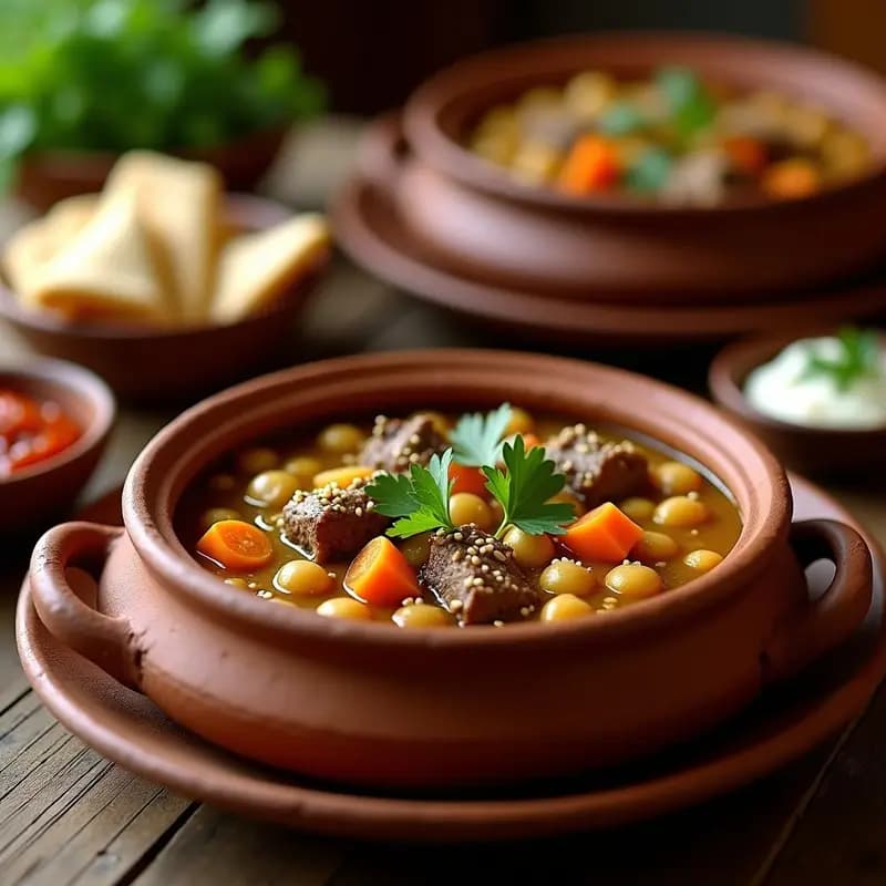 Olla de barro humeante con Chorba Argeline de cordero y garbanzos, caldo dorado y especiado con trozos de carne tierna, garbanzos, zanahorias y cilantro fresco. Servida en cuencos rústicos con semillas de sésamo y pan integral al lado.