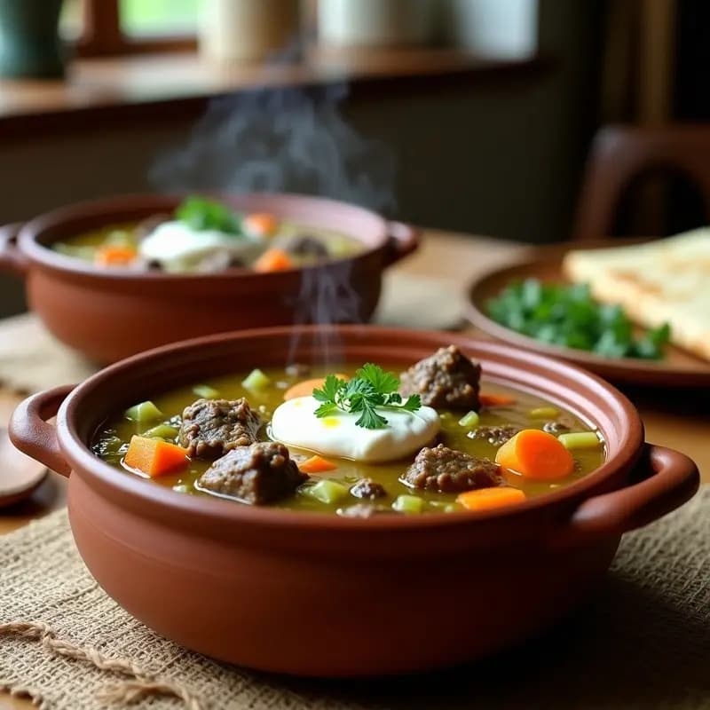 Olla de barro humeante con Chorba Frik Albanesa, sopa espesa de cordero tierno, trigo verde y verduras, coronada con yogur cremoso y perejil fresco, servida en cuencos rústicos de cerámica.
