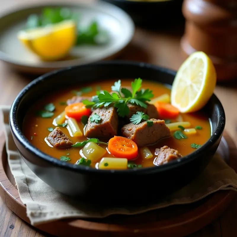 Bowl hondo de cerámica negra con Chorba Frik de borregos y verduras, sopa argelina tradicional en Thermomix, llena de trozos de carne tierna, trigo verde, zanahoria y hierbas frescas, decorada con cilantro y un chorrito de aceite de oliva.