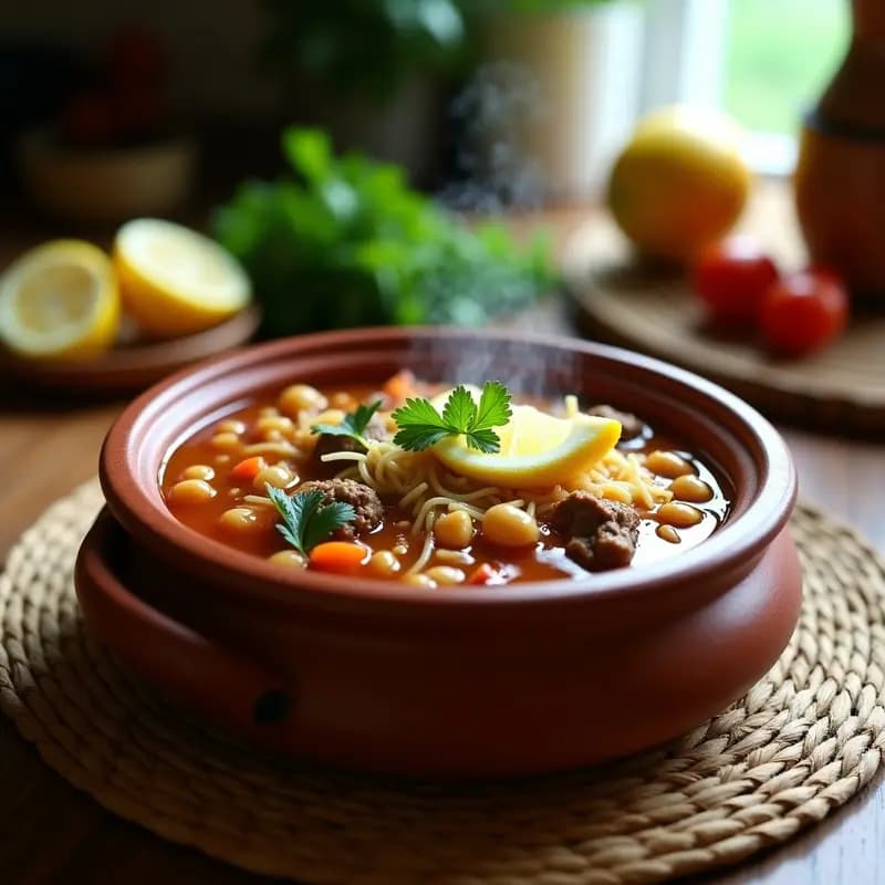 Olla de barro humeante con Chorba Frik de Cordero y Tomate, sopa argelina espesa con trozos de carne, garbanzos, frik y fideos finos, decorada con perejil fresco y rodajas de limón sobre fondo rústico.