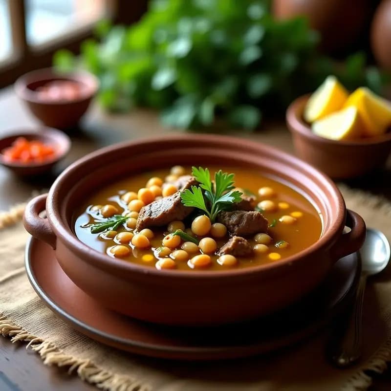 Olla de barro tradicional argelina con Chorba Frik humeante, llena de trozos tiernos de cordero, garbanzos dorados, zanahoria y cebolla, espolvoreada con cilantro fresco y acompañada de pan pita. Receta de sopa argelina alta en proteína.