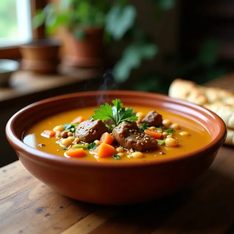 Plato hondo de barro con sopa argelina Chorba Frik, repleta de trozos de carne de cordero, garbanzos, trigo verde tostado y hierbas frescas, decorada con limón confitado y un chorro de aceite de oliva. Fondo rústico con especias y pan de pita.