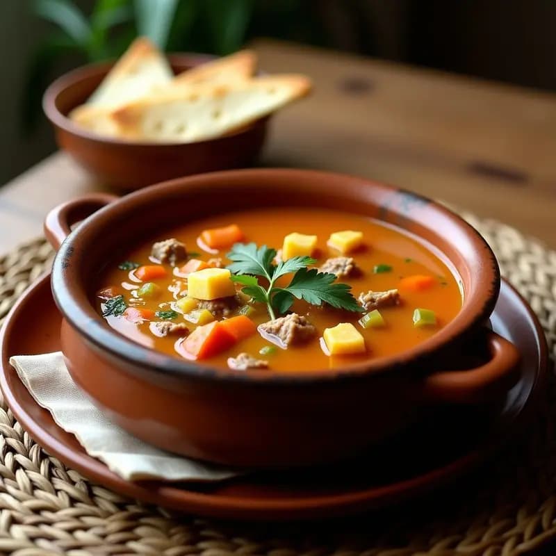 Plato hondo de cerámica blanca con Chorba Frik-semolín Algerina, una sopa espesa de color dorado con trozos de cordero, verduras y semolina tostada, decorada con cilantro fresco y rodajas de limón. Fondo rústico con pan tradicional y especias al lado.