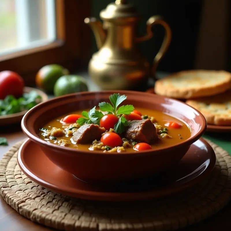 Plato hondo de barro negro con Chorba Friki argelina: sopa espesa de trigo verde, trozos de cordero tierno y tomates secos, decorada con perejil fresco y rodajas de limón, servida en olla lenta tradicional.