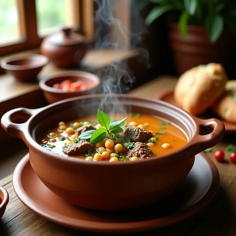 Olla de barro humeante con Chorba Friki Tunecina, sopa espesa de trigo verde, garbanzos y cordero, decorada con perejil fresco y limón confitado sobre fondo rústico.