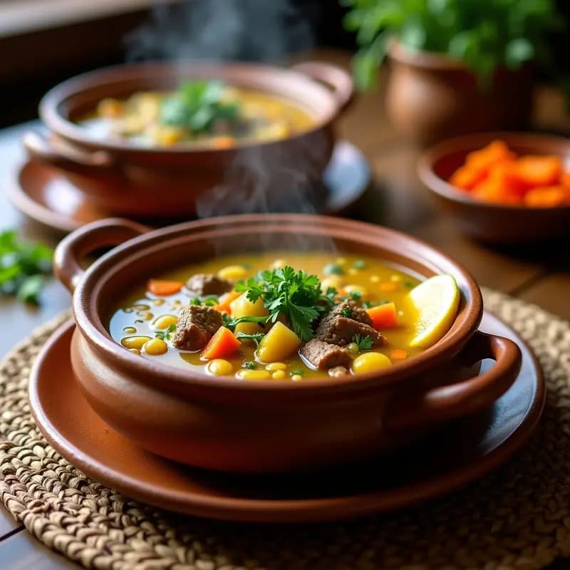 Olla de barro humeante con Chorba Friki, sopa argelina de trigo verde tostado, trozos de cordero tierno, zanahorias y hierbas frescas, servida en un plato hondo de cerámica con azafrán visible y decoración de cilantro.