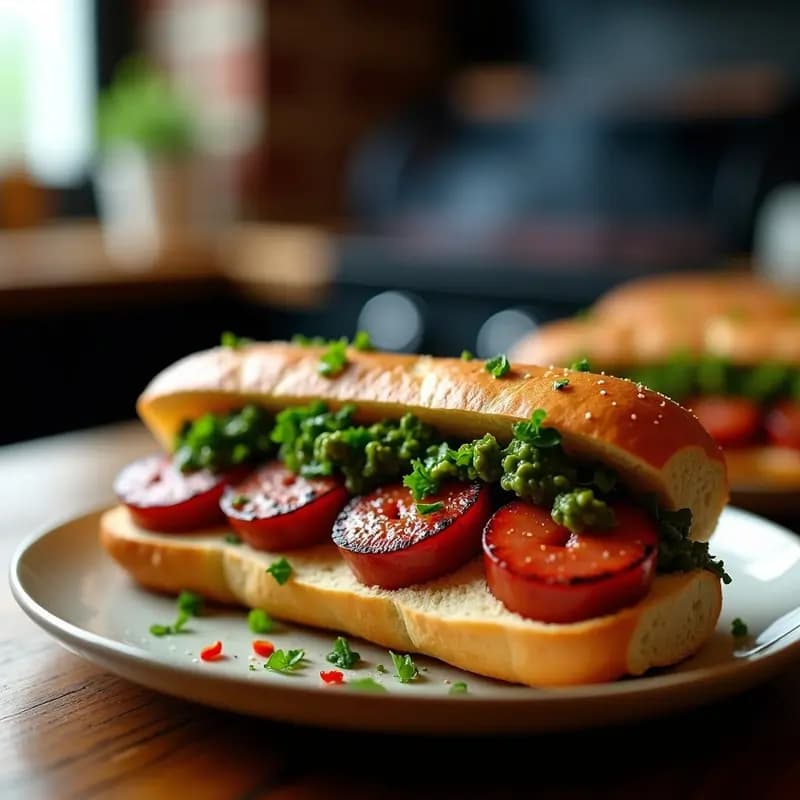 Choripán argentino recién preparado con chorizo jugoso cortado en tiras gruesas, pan francés tostado y generosa cantidad de chimichurri verde de perejil y ajo, sobre mesa rústica de madera con fondo de parrilla humeante.