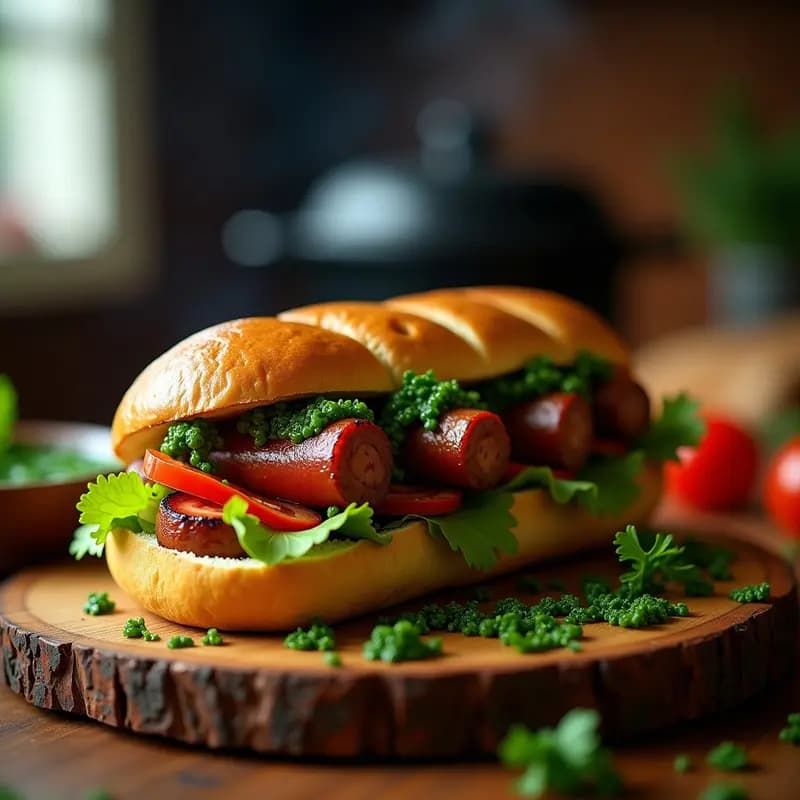 Choripán argentino con chimichurri servido en tabla de madera rústica, con chorizo jugoso a la parrilla abierto en pan francés tostado y cubierto con salsa verde chimichurri fresca, acompañada de más salsa en un bol pequeño de barro.