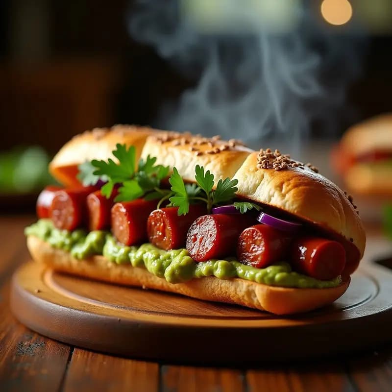 Choripán de Sincelejo abierto sobre tabla de madera, relleno de chorizo asado en rodajas, hogao espeso de color rojizo, aguacate cremoso verde y lechuga morada, con fondo de parrilla BBQ humeante.