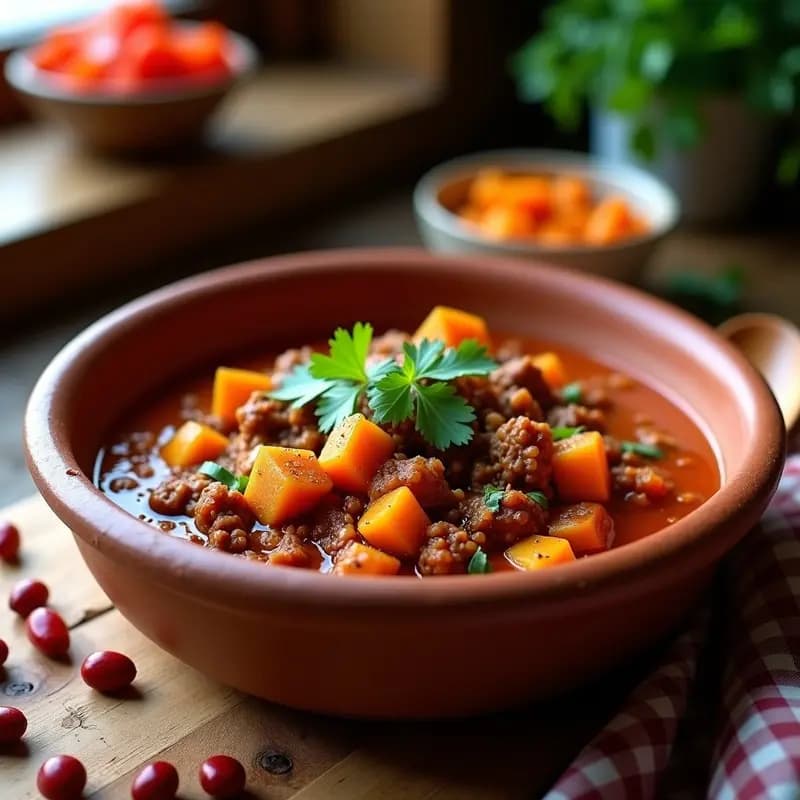 Plato hondo de barro con Chorizo Colorado keto, porotos granados tiernos, trozos de zapallo italiano y carne de res jugosa, espolvoreado con merquén. Receta chilena tradicional adaptada a dieta keto.
