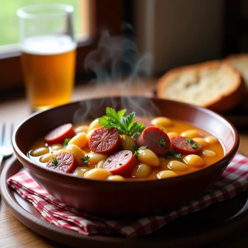 Cazuela de barro humeante con Chorizo a la Sidra con Fabes asturianas, rodajas de chorizo dorado, fabes cremosas y salsa espesa, decorada con hojas de laurel. Plato tradicional asturiano en olla rápida.