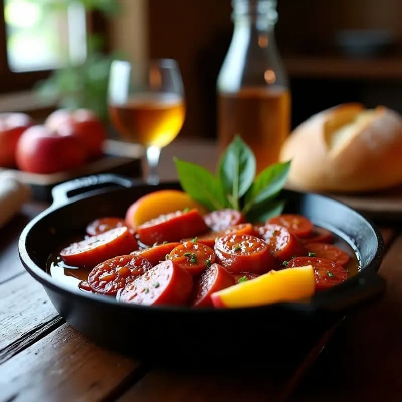 Sartén de hierro con chorizo a la sidra y manzanas asadas doradas, bañadas en salsa espesa de sidra reducida, sobre fondo rústico de madera. Receta tradicional española.