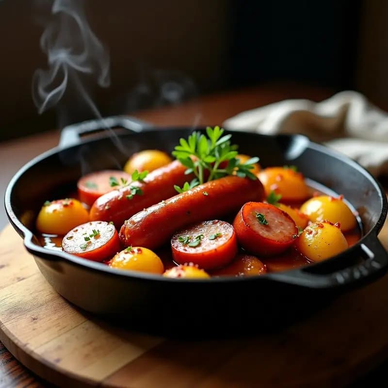 Sartén de hierro con chorizo a la sidra y patatas, plato asturiano tradicional con rodajas de chorizo dorado, patatas melosas y salsa espesa de sidra. Servido en mesa rústica de madera con pan al lado.