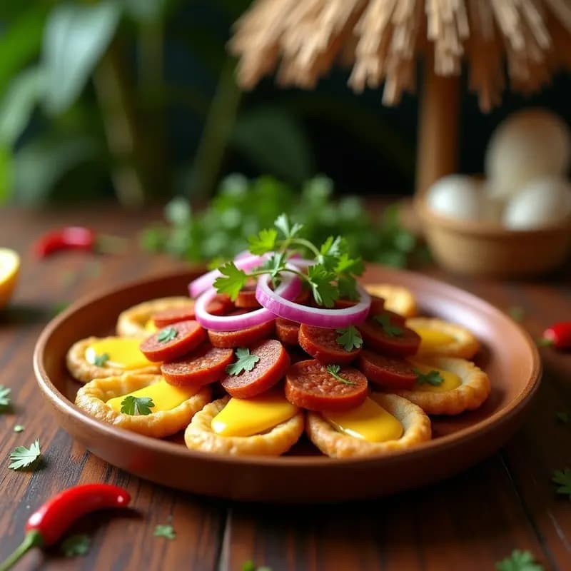 Plato rústico de madera con chorizo de Sincelejo dorado y jugoso sobre arepas de yuca abiertas, rellenas de queso derretido y decoradas con cebolla morada y cilantro fresco. Receta colombiana picante y tradicional.