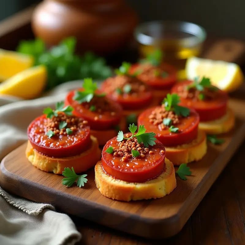 Tabla de madera rústica con tapas de chorizo de tempeh y pimentón sobre rebanadas de pan de maíz tostado, decoradas con perejil fresco y gajos de limón, receta española vegana para aperitivos.
