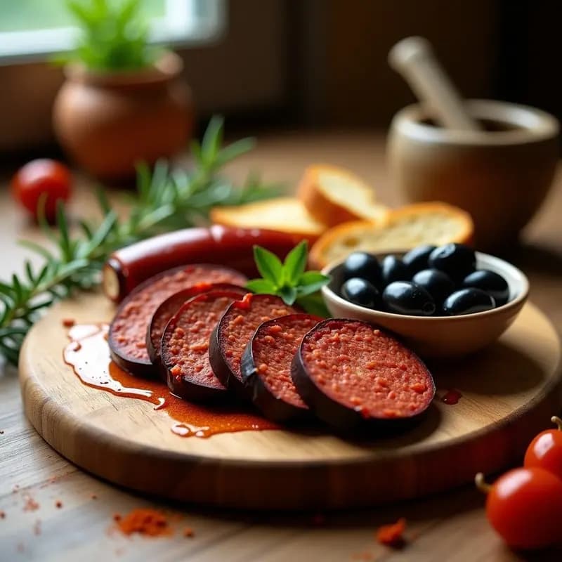Rodajas gruesas de chorizo vegano de berenjena y pimentón ahumado, con textura jugosa y color rojo intenso, servidas en una tabla de madera rústica con pan sin gluten y aceitunas. Receta española vegana y sin gluten.