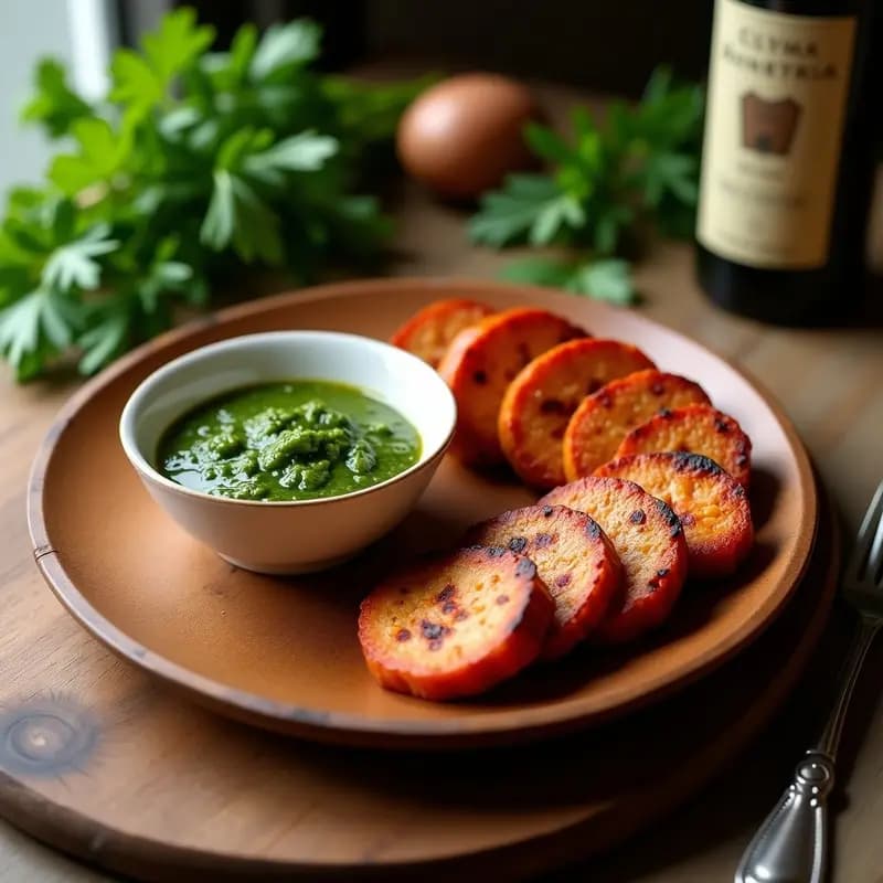 Plato de madera rústico con chorizo vegano de tempeh dorado y crujiente, cortado en rodajas gruesas, acompañado de salsa de chimichurri verde brillante en un recipiente pequeño. Decorado con semillas de sésamo y hierbabuena fresca. Receta argentina alta en proteína.