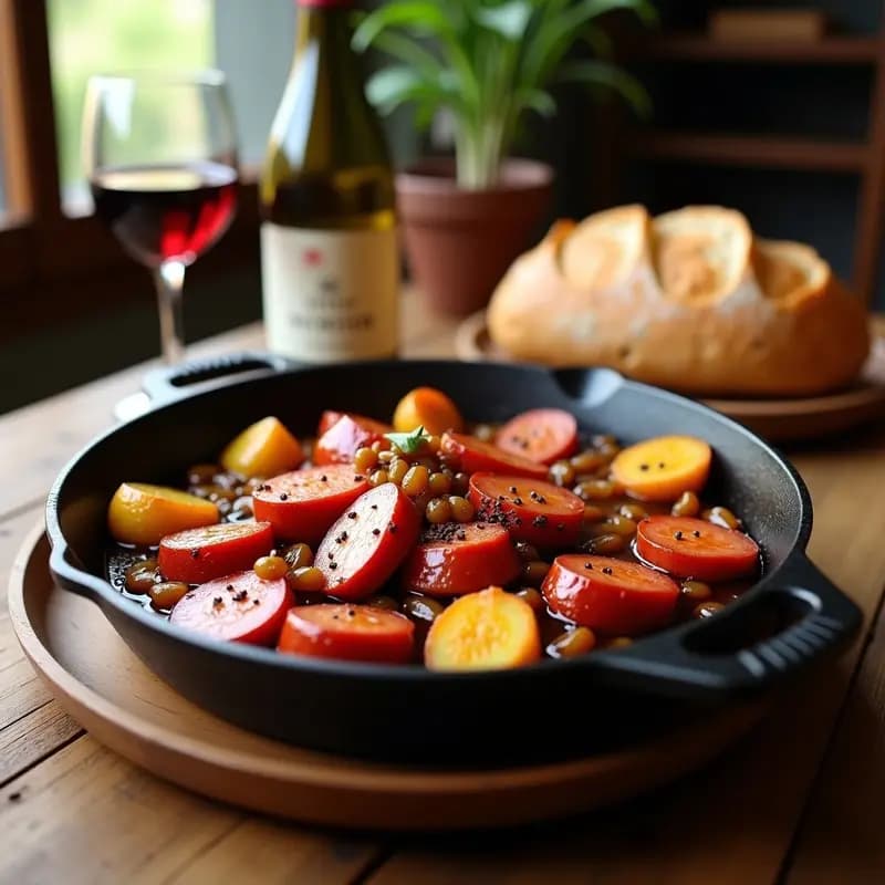Sartén de hierro con chorizo al vino y patatas panaderas doradas, servidas como tapa caliente española. Rodajas de chorizo jugoso sobre láminas de patata tierna, bañadas en salsa oscura de vino tinto, con cebolla caramelizada y pimentón. Plato rústico y humeante sobre fondo de madera.