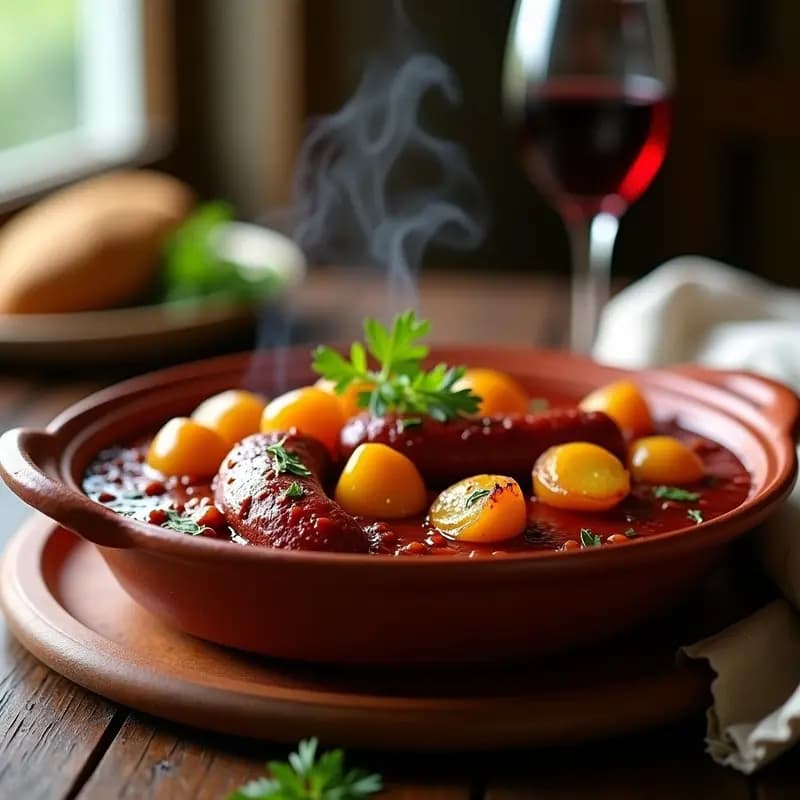 Cazuela de barro humeante con chorizo al vino tinto con patatas, rodajas de chorizo dorado y patatas tiernas bañadas en salsa oscura de vino, decorado con perejil fresco y hoja de laurel.