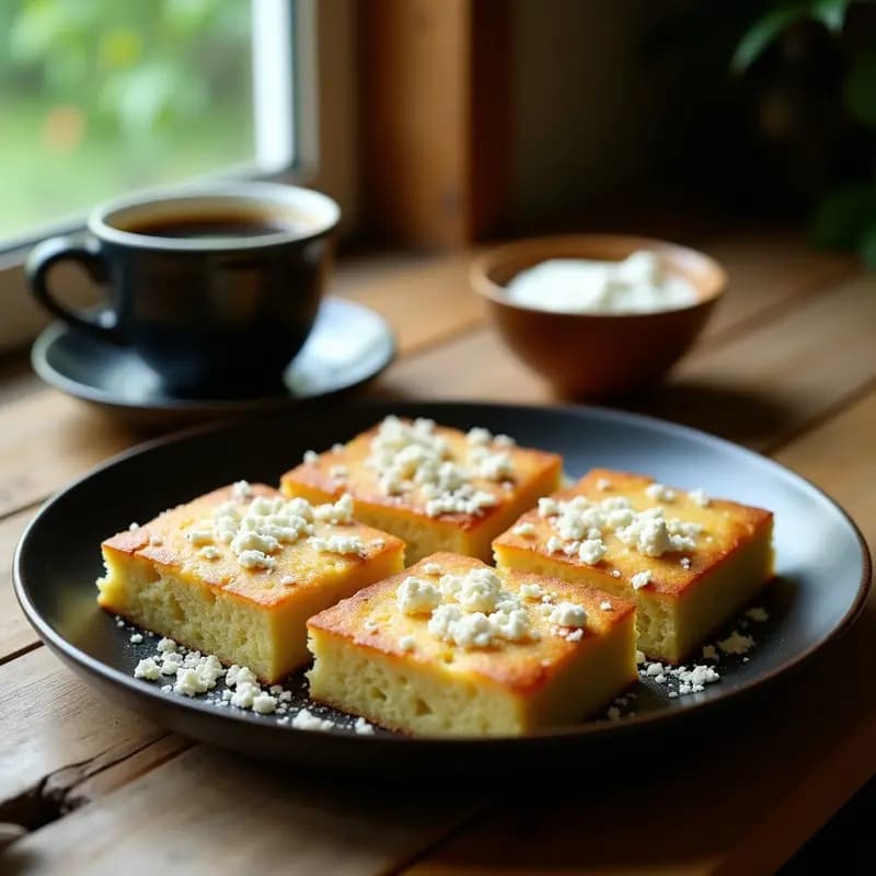 Chorreada costarricense keto en molde rectangular, dorada y esponjosa, con queso fresco desmenuzado por encima, servida en trozos sobre plato rústico de madera.