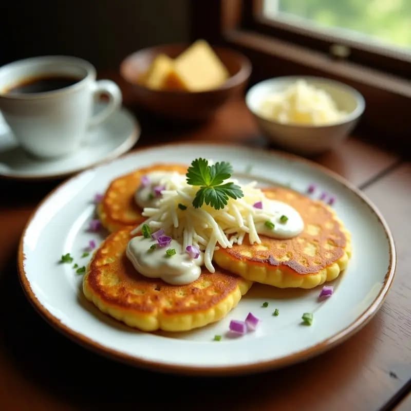 Plato de chorreadas costarricenses doradas en sartén, servidas con queso palmito rallado y nata líquida, decoradas con cebolla morada y cilantro fresco. Receta tradicional centroamericana.