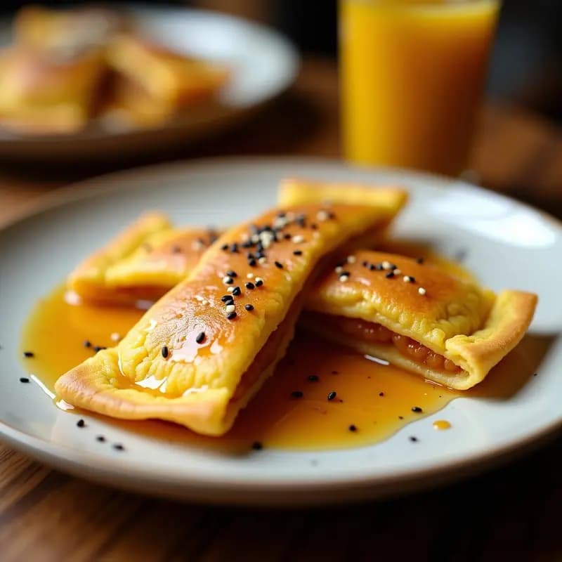 Chorreado colombiano dorado y esponjoso en un plato de cerámica blanca, cortado en porciones y generosamente cubierto con arequipe de dátiles brillante, espolvoreado con canela. Desayuno vegano sin azúcar tradicional.