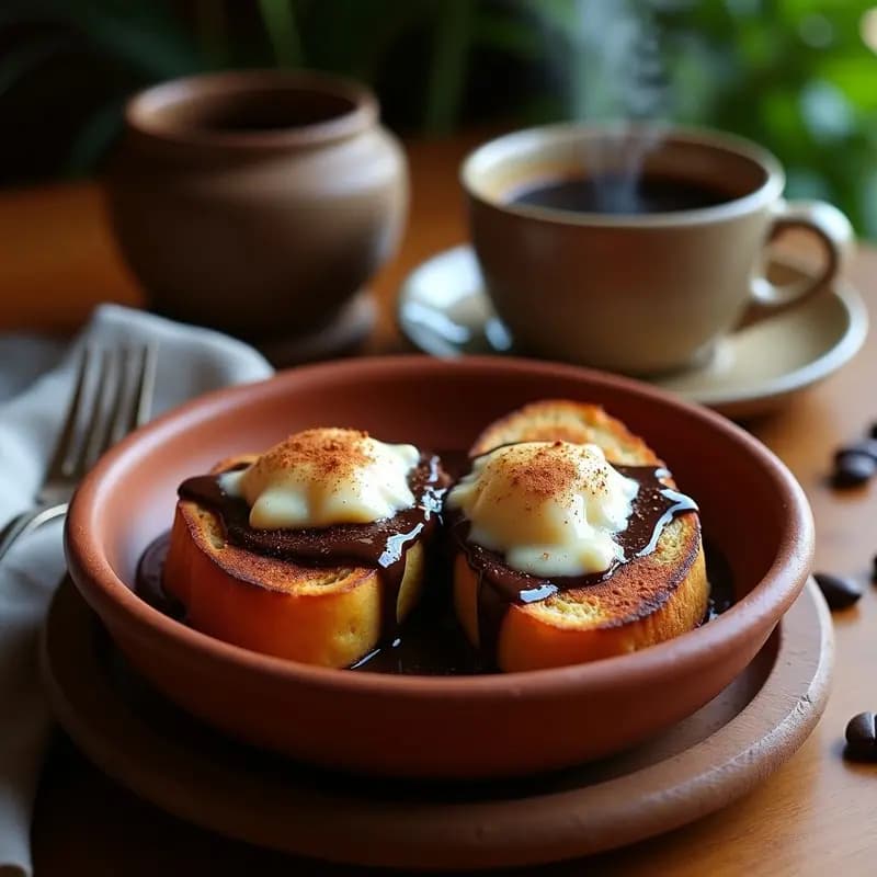 Plato hondo de barro con chorreado colombiano: pan de yuca tostado cubierto con chocolate espeso negro y queso campesino derretido, espolvoreado con canela. Desayuno tradicional caliente.