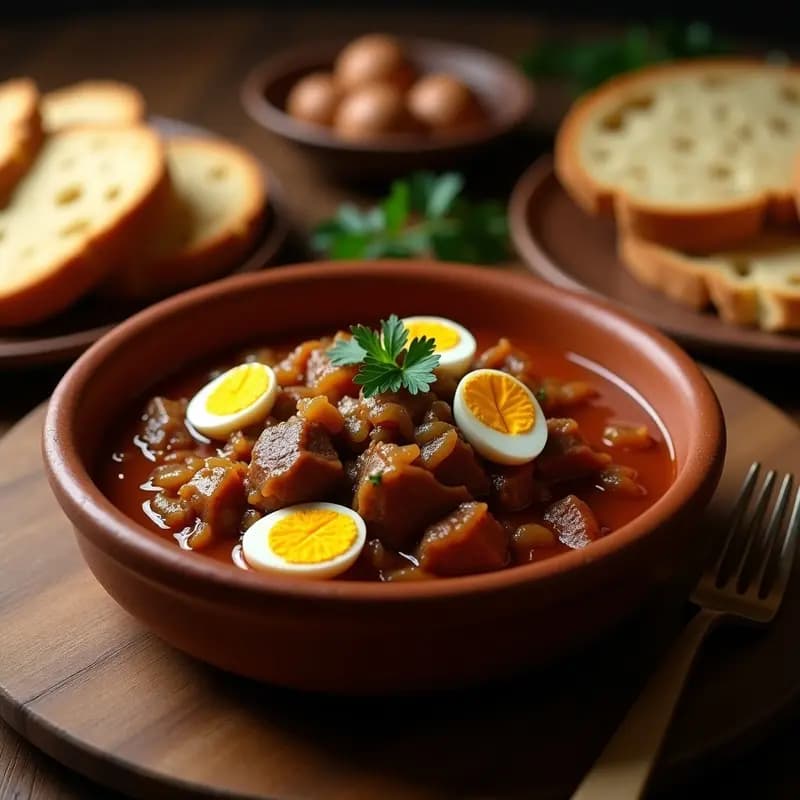 Plato hondo de barro con chorrillana chilena: carne molida jugosa y cebollas caramelizadas sobre rebanadas de pan tostado, coronado con huevo frito. Receta tradicional chilena para acompañar con pan.